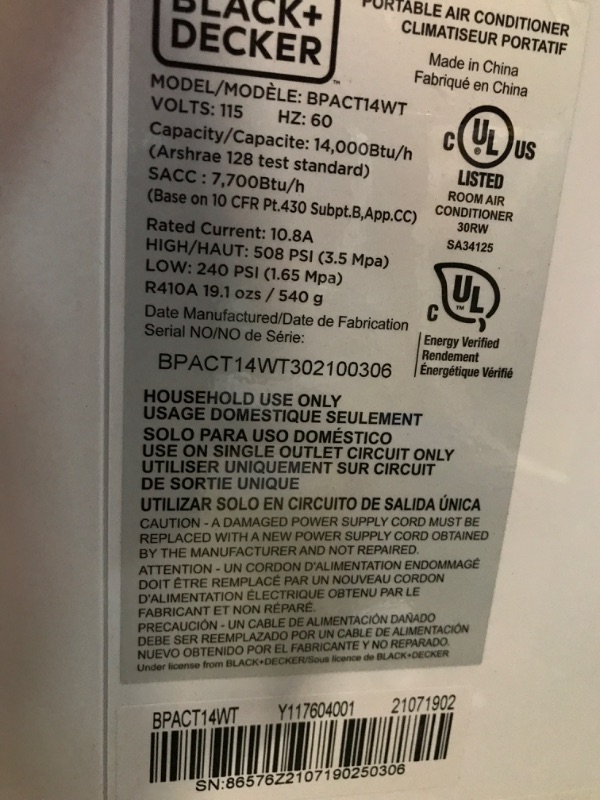 Photo 3 of **MISSING ONE OF THE WINDOW KIT**
BLACK+DECKER Air Conditioner, 14,000 BTU Air Conditioner Portable for Room up to 700 Sq. Ft., 3-in-1 AC Unit, Dehumidifier, & Fan, Portable AC with Installation Kit & Remote Control
