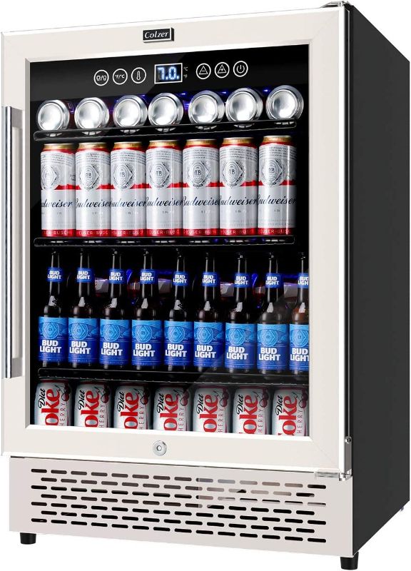 Photo 1 of Colzer 24 inch Beverage Refrigerator with Glass Door 180 Cans Mini Beverage Cooler Under Counter Frestanding Built in Center Garage Fridge with Lock for Drink Beer Soda Wine Water
