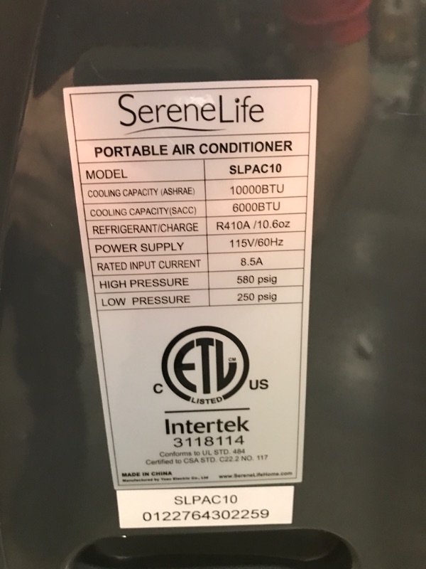 Photo 6 of **DOESNT POWER ON** SereneLife SLPAC10 Portable Air Conditioner Compact Home AC Cooling Unit with Built-in Dehumidifier & Fan Modes, Quiet Operation, Includes Window Mount Kit, 10,000 BTU, White
