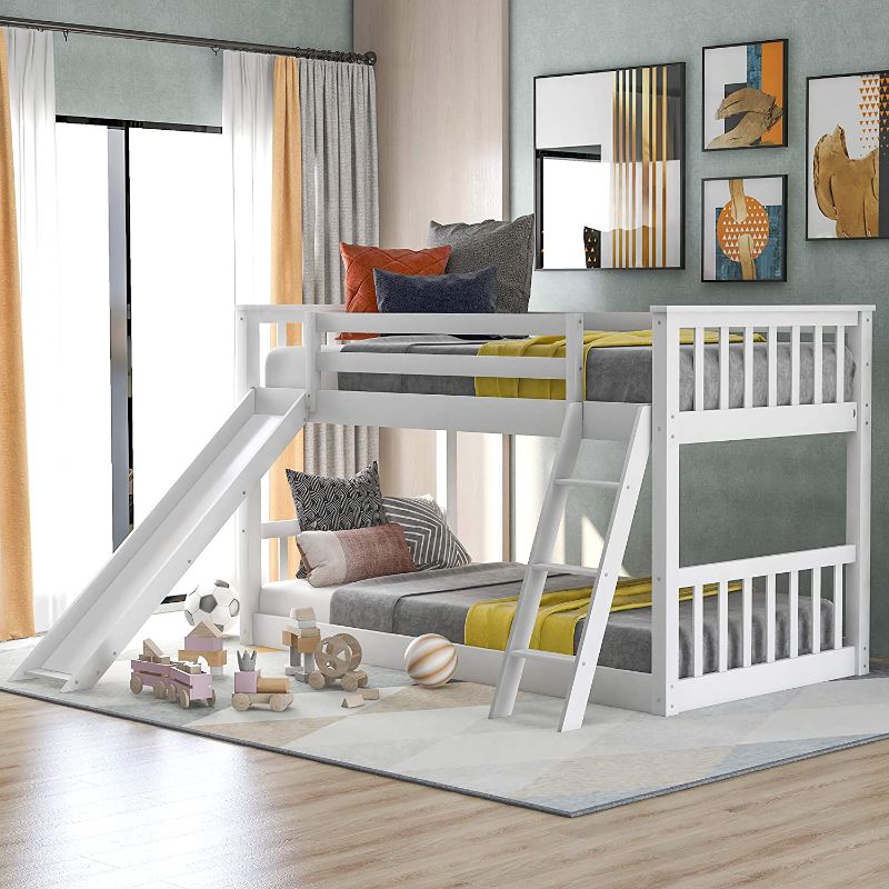 Photo 1 of **MISSING BOX**Full Over Full Bunk Bed with Slide and Ladder, Wooden Low Bunk Bed, Kids Floor Bunk Bed Frame - Gray
