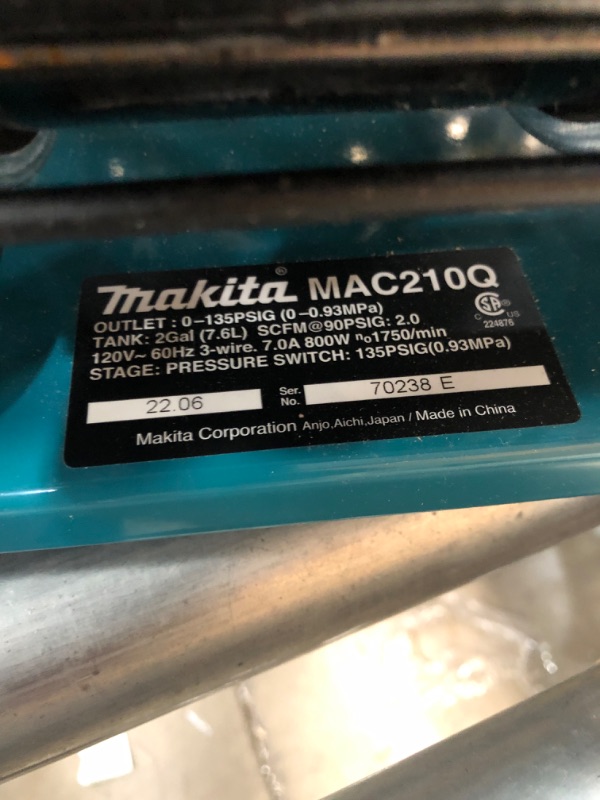 Photo 3 of Makita MAC210Q Quiet Series, 1 HP, 2 Gallon, Oil-Free, Electric Air Compressor
