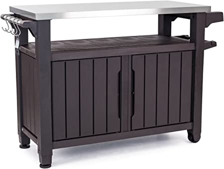 Photo 1 of Keter Unity XL Portable Outdoor Table and Storage Cabinet with Hooks for Grill Accessories-Stainless Steel Top for Patio Kitchen Island or Bar Cart, Espresso Brown
