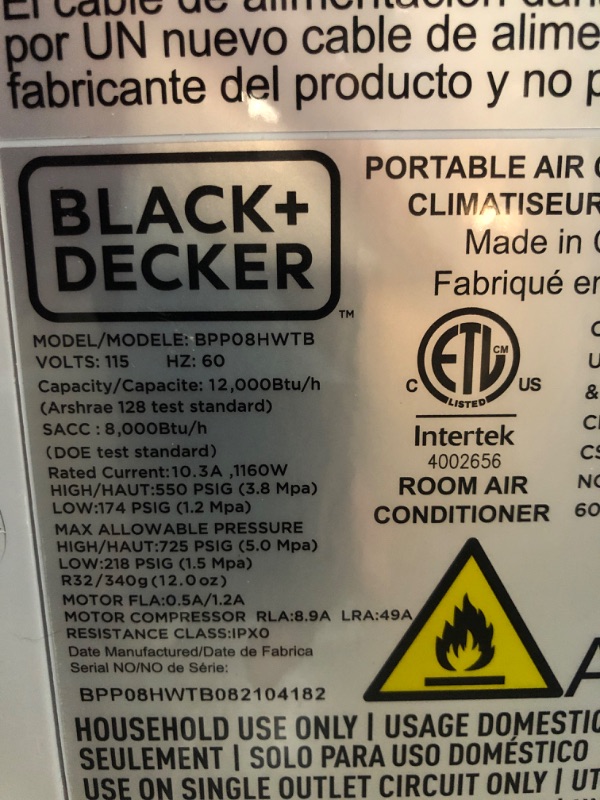 Photo 5 of 
BLACK+DECKER BPT08HWTB Portable Air Conditioner with Heat, 8,000 BTU SACC/CEC (12,500 BTU ASHRAE), Cools Up to 350 Square Feet, White
