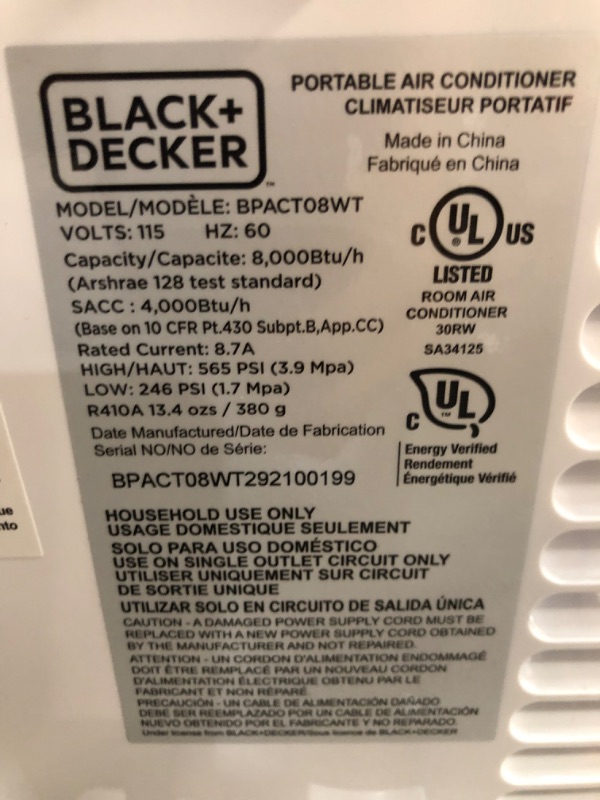 Photo 3 of BLACK+DECKER 8,000 BTU Portable Air Conditioner with Remote Control, White
