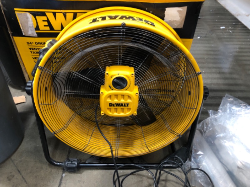 Photo 2 of *NONFUNCTIONAL* DEWALT Drum Fan High-Velocity Industrial, Drum, Floor, Barn, Warehouse Fan, Heavy Duty Air Mover with Adjustable Tilt & Large Wheel, 24", Yellow DXF2490
