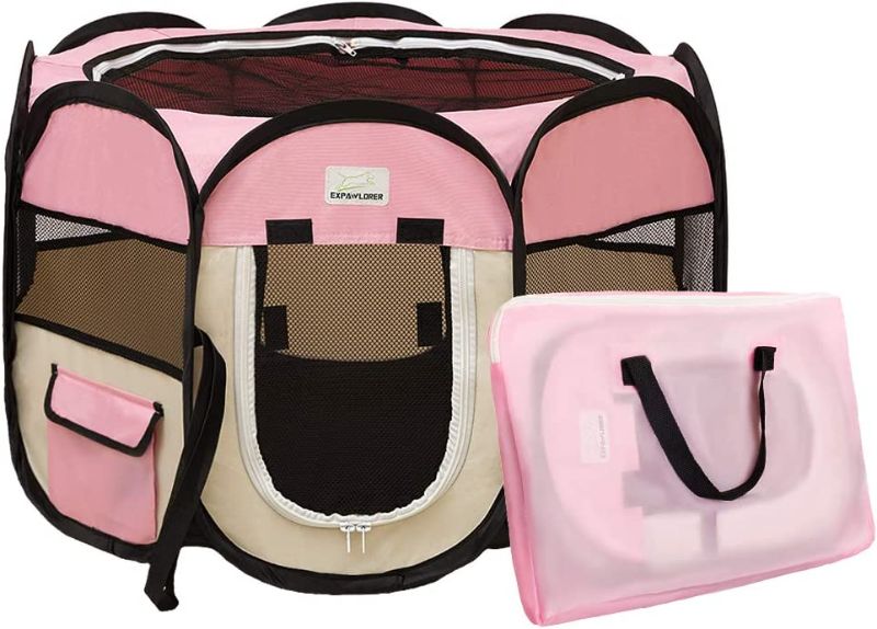 Photo 1 of  Portable Puppy Playpen Removable Dog Mesh Shade Cover Waterproof Oxford Cloth Easy Foldable Indoor/Outdoor for Puppies Cats Rabbits Pets (Pink)
