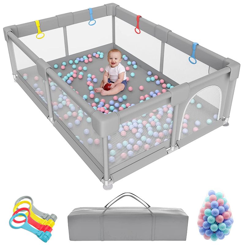 Photo 1 of Baby Playpen, 71 x 59 Inches Extra Large Baby Playpen for Babies and Toddlers with 80pcs Pit Balls, Baby Gate Playpen Safety Infant Baby Play Yards, No Gaps Indoor & Outdoor Kids Activity Center, Grey
