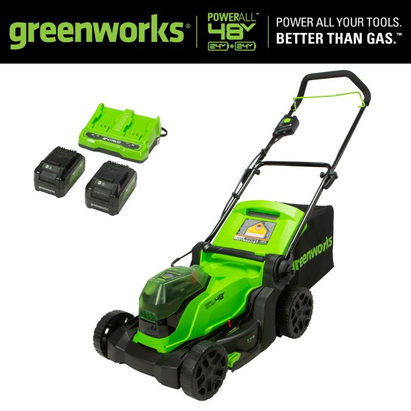 Photo 1 of "Greenworks 2526302AZ 24V/48V 17" Cordless Lawn Mower Kit W/ 4AH USB Batteries"
