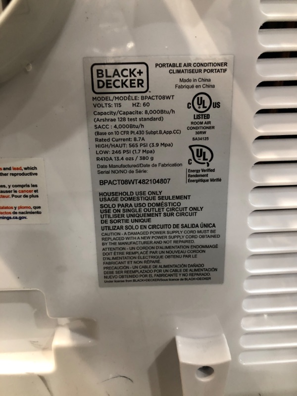 Photo 4 of BLACK+DECKER 8,000 BTU Portable Air Conditioner with Remote Control, White
