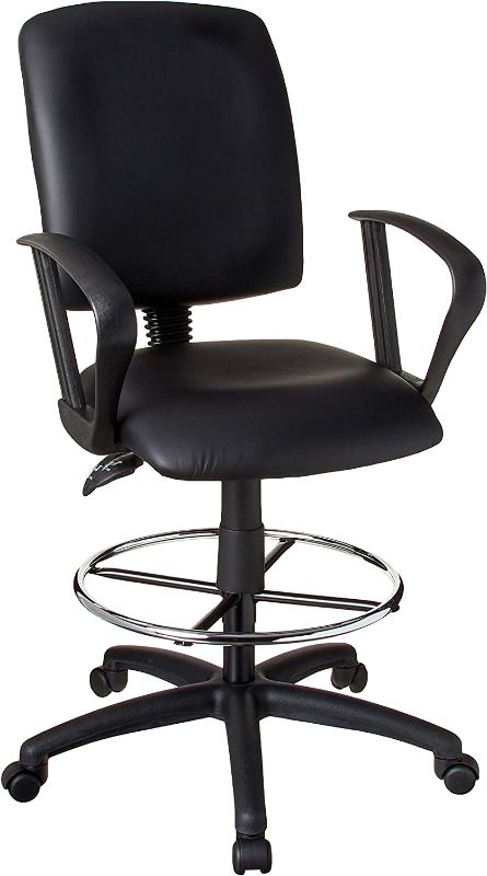 Photo 1 of **SMALL TEAR** Boss Office Products Multi-Function LeatherPlus Drafting Stool with Loop Arms in Black
