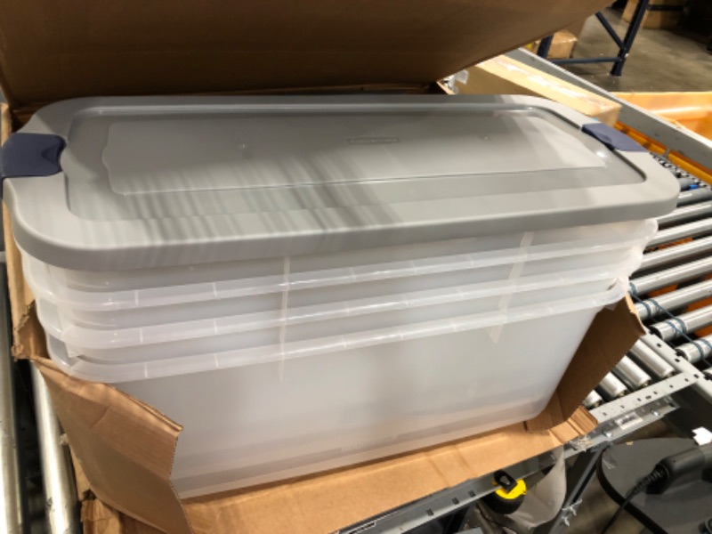 Photo 1 of **SET OF 4** Rubbermaid Roughneck Clear 50 Qt/12 Gal Storage Containers, Pack of 5 with Latching Grey Lids, Visible Base, Sturdy and Stackable, Great for Storage and Organization
