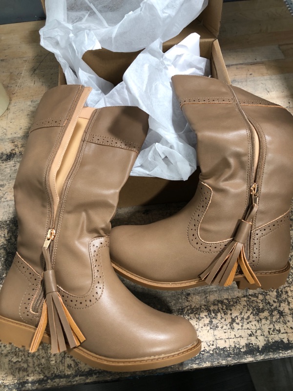 Photo 2 of Girls Flat Knee High Boots Tassel Side Zipper Brogue Round Toe Rubber Sole Riding Shoes(Toddler/Little Kid/Big Kid) 4 Toddler Light Coffee