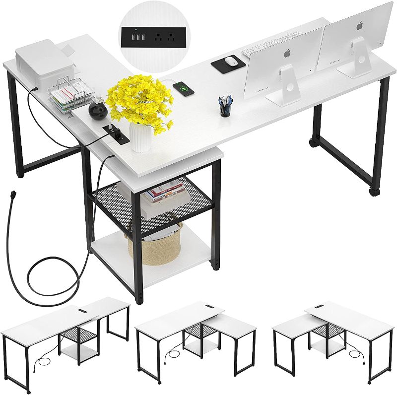 Photo 1 of Armocity 360° Rotating Desk with Outlets and USB Ports, Reversible L-Shaped Desk, Modern Corner Computer Desk with Adjustable Storage Shelves, 71 Inch Large Computer Desk for Workstation, White
