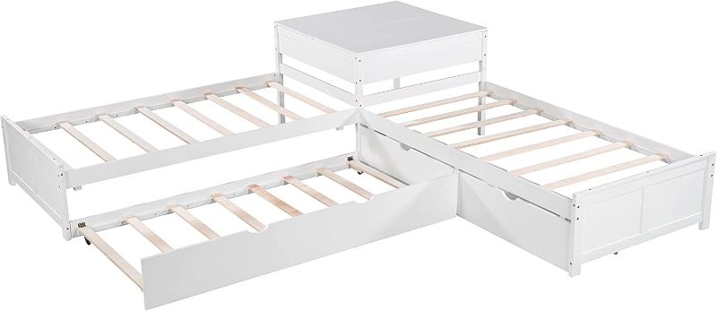 Photo 1 of **INCOMPLETE MISSING BOX 2 & 3 OF 3!! SOFTSEA Corner Bed Frame L-Shaped Beds with Trundle and Drawers Linked with Built-in Desk, 3 Beds in One for Kids Teens Bedroom Furniture (White,3Bed)
