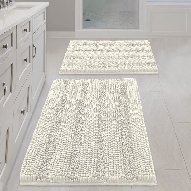 Photo 1 of 2 Piece Bathroom Set Super Thick Soft Striped Shaggy Chenille Bath Mats Machine Washable Bath Rugs Set for Bathroom, Dry Fast Water Absorbent Bath Mats(Cream, 20" x 32"/17" x 24")
