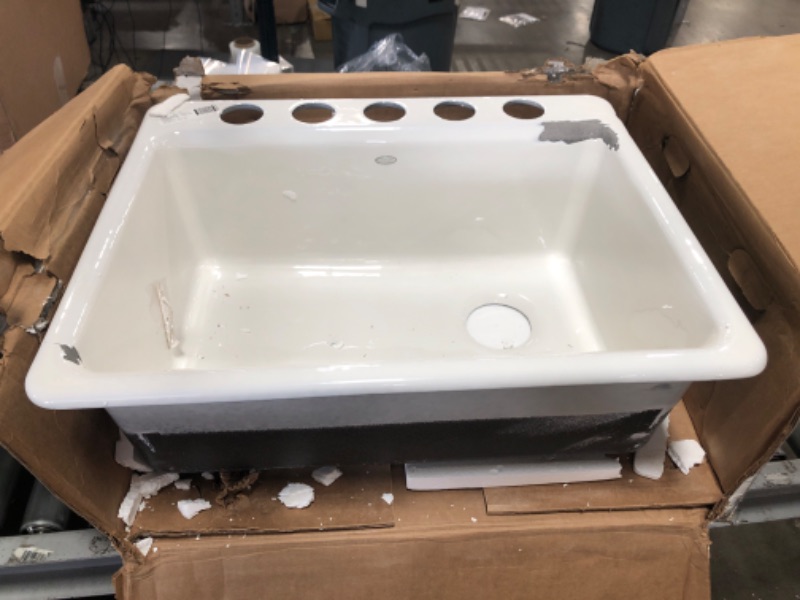 Photo 2 of DAMAGE: Riverby Workstation Undermount Cast Iron 27 in. 5-Hole Single Bowl Kitchen Sink in White with Included Accessories 27" x 22" x 9-5/8"
