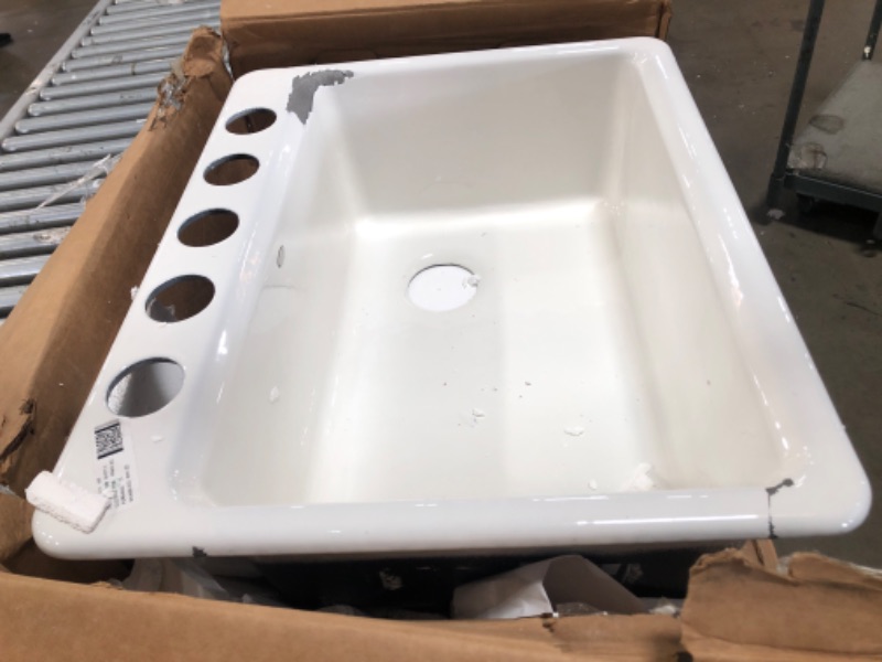 Photo 5 of DAMAGE: Riverby Workstation Undermount Cast Iron 27 in. 5-Hole Single Bowl Kitchen Sink in White with Included Accessories 27" x 22" x 9-5/8"
