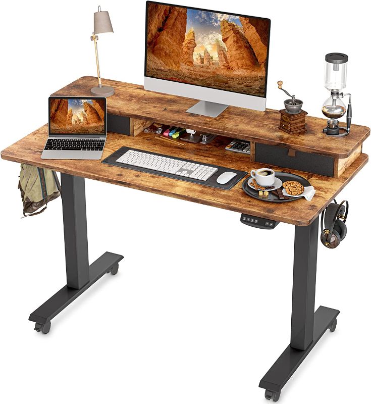 Photo 1 of PARTS ONLY: BANTI Electric Standing Desk with Double Drawers, 48x24 Inches Adjustable Height Stand Up Desk, Sit Stand Home Office Desk with Storage Shelf, Rustic Brown Top/Black Frame 24"D x 48"W x 51"H

