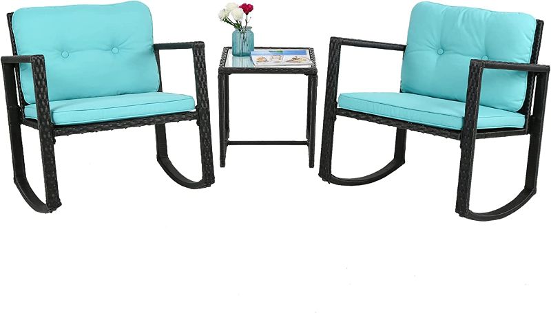 Photo 1 of 3 Piece Wicker Patio Furniture Sets Rocking Chair Outdoor Bistro Set Patio Set Rattan Chair Conversation Set with Porch Chairs and Coffee Table,Blue
 