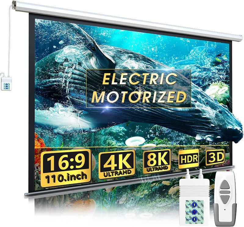 Photo 1 of 110" Motorized Projector Screen - Indoor and Outdoor Movies Screen 110 inch Electric 16:9 Projector Screen W/Remote Control