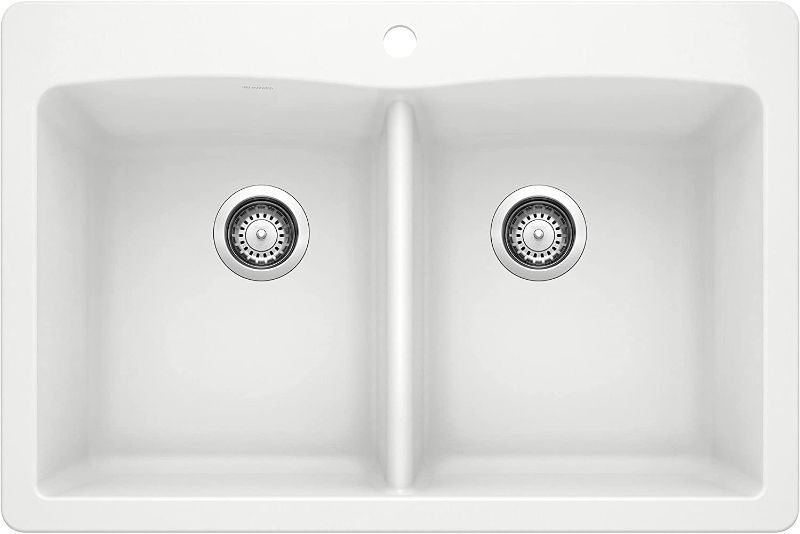 Photo 1 of **Damaged it has a crack on top corneron each sink**BLANCO 440221 Diamond Silgranit 50/50 Double Bowl Undermount or Drop-in Kitchen Sink, 33" L X 22" W X 9.5" D, White
