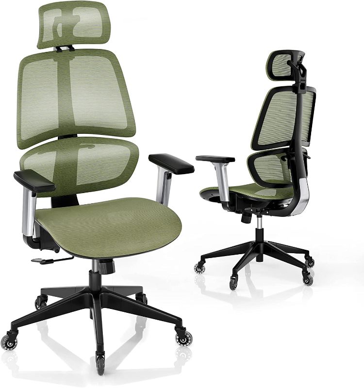 Photo 1 of LINSY HOME High-Back Office Chair, Swivel Ergonomic Task Chair with Adjustable Headrest and Arms, Lumbar Support and PU Wheels, Computer Mesh Chair for Home Office, Green