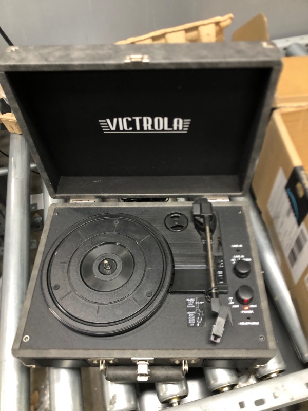 Photo 3 of Victrola Vintage 3-Speed Bluetooth Portable Suitcase Record Player with Built-in Speakers Upgraded Turntable Audio Sound Includes Extra Stylus Gray TESTED AND FUNCTIONS