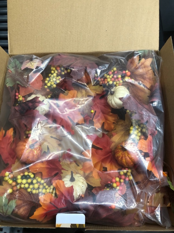 Photo 2 of 13 Inch Artificial Autumn Fall Wreath, Harvest Thanksgiving Door Wreath for Front Door with Pumpkins, Berry and Maple Leaf
