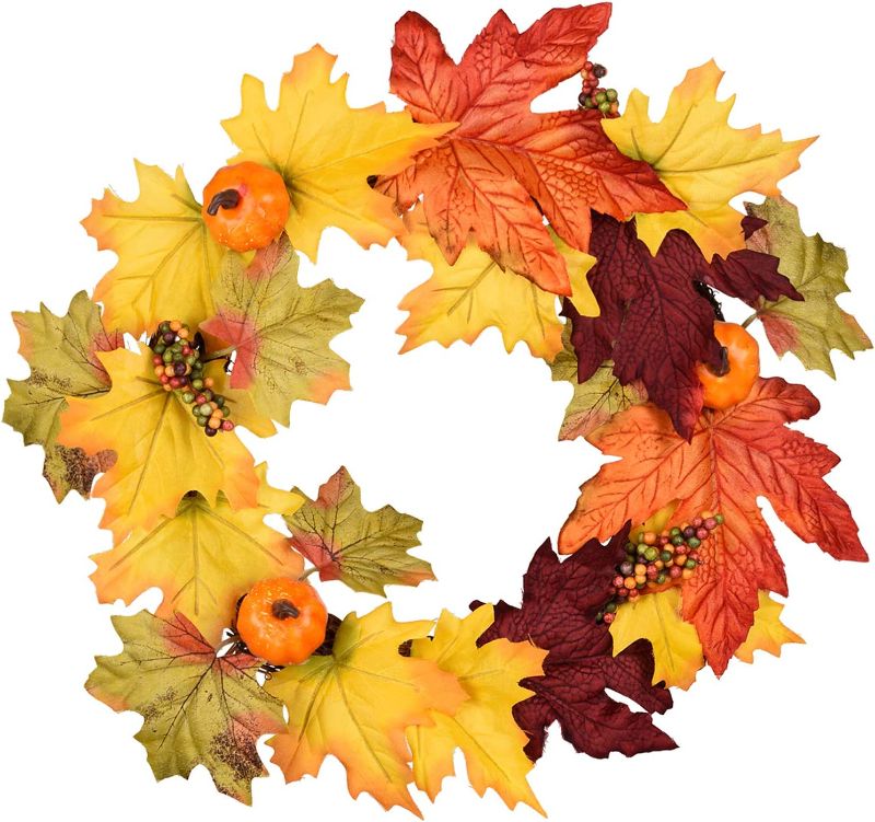 Photo 1 of 13 Inch Artificial Autumn Fall Wreath, Harvest Thanksgiving Door Wreath for Front Door with Pumpkins, Berry and Maple Leaf
