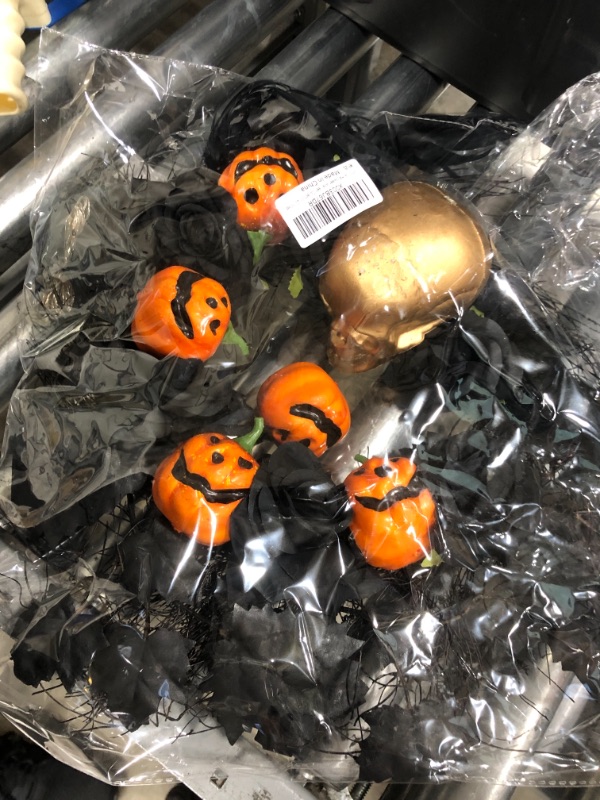 Photo 2 of 20'' Halloween Decorations Outdoor/Indoor Front Door Garland, Battery Operated Halloween Lights Black Wreaths with Skeleton Pumpkin Crafts Scary Halloween Wreath Party Supplies
