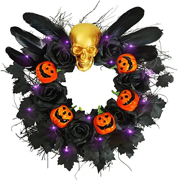 Photo 1 of 20'' Halloween Decorations Outdoor/Indoor Front Door Garland, Battery Operated Halloween Lights Black Wreaths with Skeleton Pumpkin Crafts Scary Halloween Wreath Party Supplies
