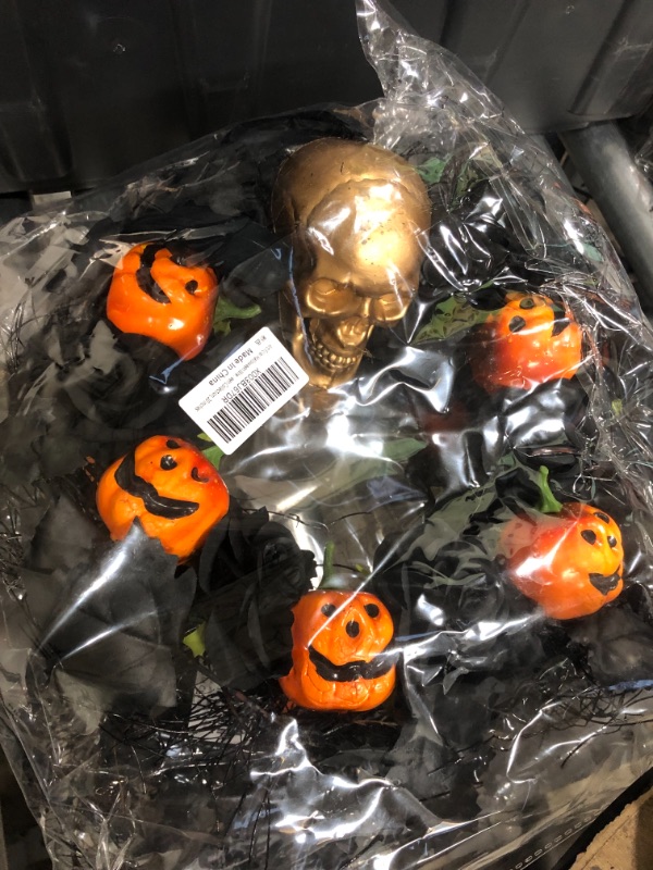 Photo 2 of 20'' Halloween Decorations Outdoor/Indoor Front Door Garland, Battery Operated Halloween Lights Black Wreaths with Skeleton Pumpkin Crafts Scary Halloween Wreath Party Supplies
