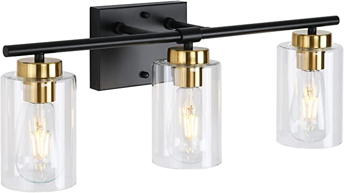 Photo 1 of 3 Light Modern Wall Light Fixtures, Black and Gold Bathroom Vanity Light Fixtures, Metal Sconces Wall Lighting with Clear Glass Shade, Farmhouse Wall Lamp for Bedroom Mirror Living Room Porch Hallway
