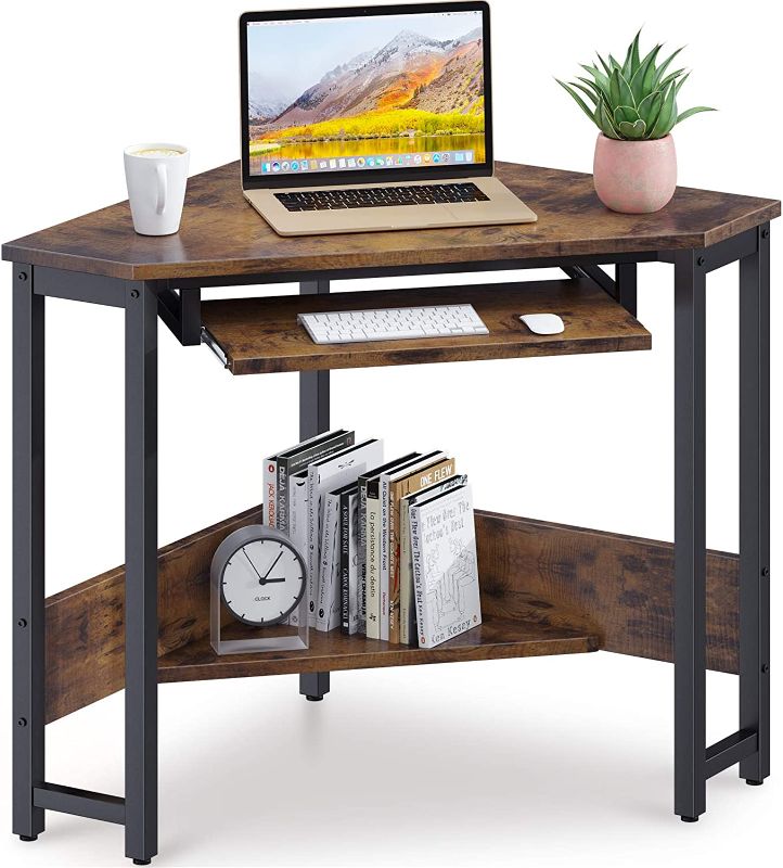 Photo 1 of 
ODK Corner Desk, Triangle Computer Desk, Sturdy Steel Frame for Workstation with Smooth Keyboard Tray & Storage Shelves, Black