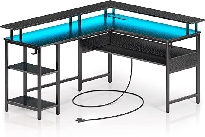 Photo 1 of Rolanstar Computer Desk L Shaped with LED Strip & Power Outlets, Reversible L Shaped Computer Corner Desk with Monitor Stand, Home Office Gaming Desk with USB Port&Hook, Black
