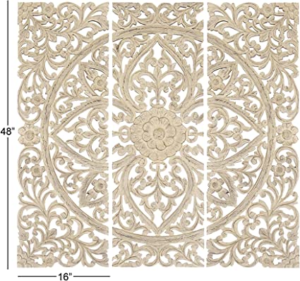 Photo 1 of **DAMAGED CORNERS**
Benzara Floral Hand Carved Wooden Wall Plaque, Set of Three, Antique White Rectangle White