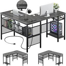 Photo 1 of Unikito L Shaped Desk with USB Charging Port and Power Outlet, Reversible L-Shaped Corner Computer Desk with Storage Shelves, Industrial 2 Person Long Gaming Table Modern Home Office Desk, Black
