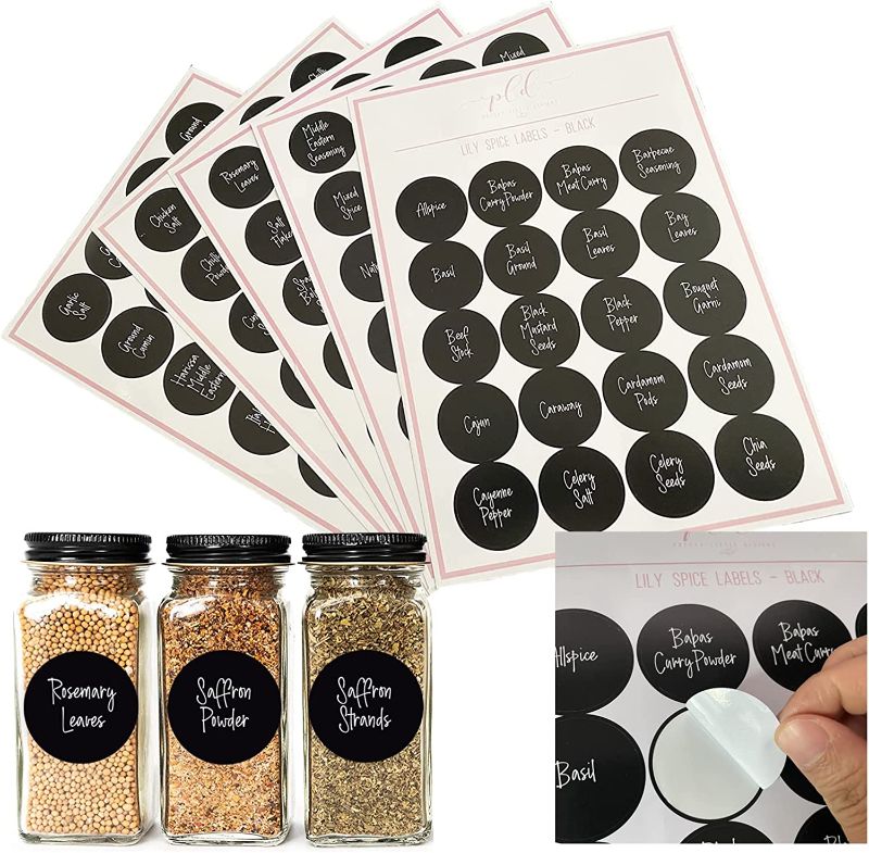 Photo 1 of 116 Round Spice Labels Stickers for Food Containers | White Text on Black Kitchen Stickers | Waterproof Labels (Lily Spice Labels-Black)

3 pck