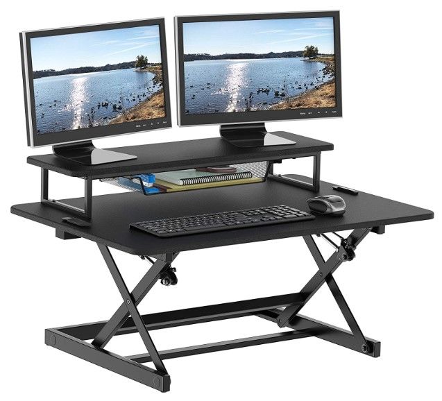 Photo 1 of SHW 36-Inch Height Adjustable Standing Desk Sit to Stand Riser Converter Workstation, Black
