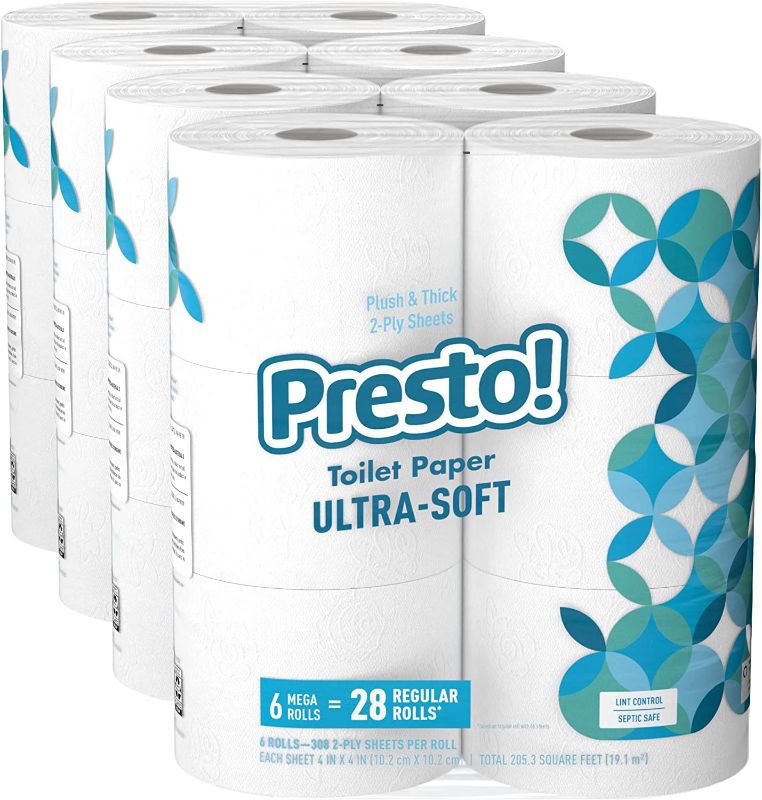 Photo 1 of Amazon Brand - Presto! 308-Sheet Mega Roll Toilet Paper, Ultra-Soft, 6 Count (Pack of 4), 24 Mega Rolls = 112 regular rolls
