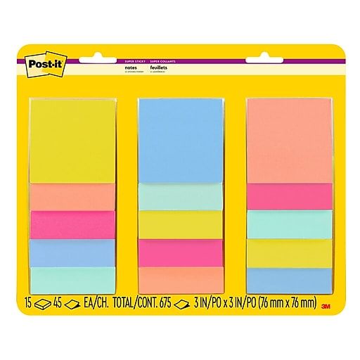 Photo 1 of 2- Post-it Super Sticky Notes, 3" X 3", Summer Joy Collection, 45 Sheets/Pad, 15 Pads/Pack (654-15SSJOY)
