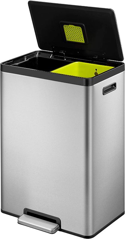 Photo 1 of (*DENT ON THE BACK OF TRASH CAN*)  EKO EcoCasa II Dual Compartment Rectangular Kitchen Step Trash Can Recycler, (20L+20L), Brushed Stainless Steel Finish (EK9138MT-20L+20L)
