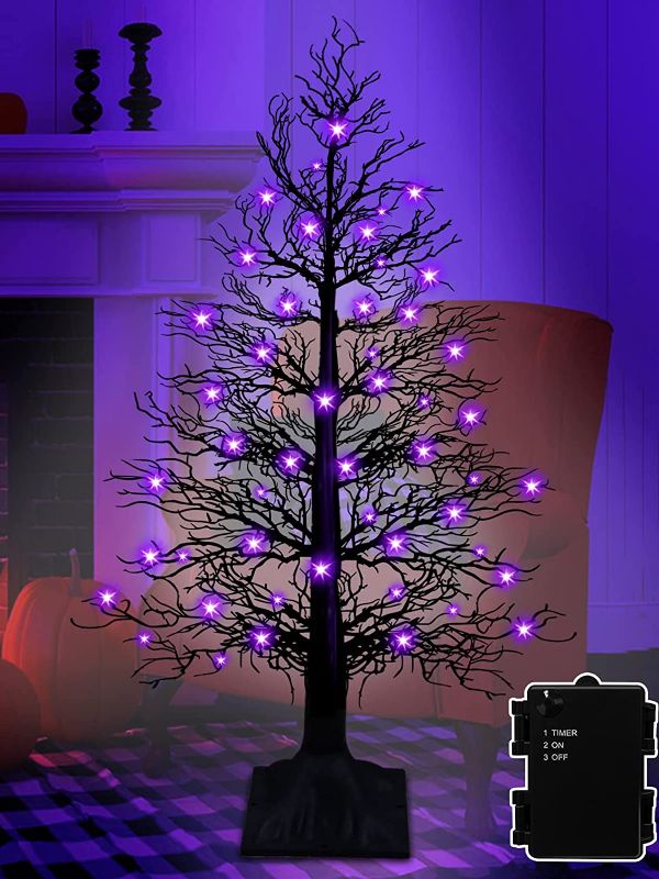 Photo 1 of [Easy Assemble & Timer] 3 Ft Lighted Halloween Tree Decor 48 Purple Lights Bendable Branches Artificial Black Spooky Tree Waterproof Battery Operated...
