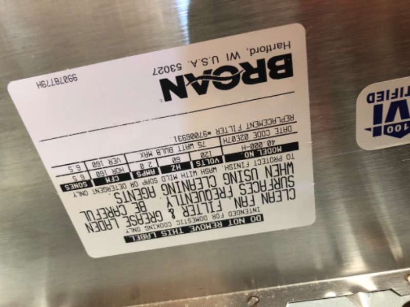 Photo 3 of **LIGHT DAMAGE** Broan-NuTone 40000 Series 24 in. 210 Max Blower CFM Ducted Under-Cabinet Range Hood with Light in Stainless Steel