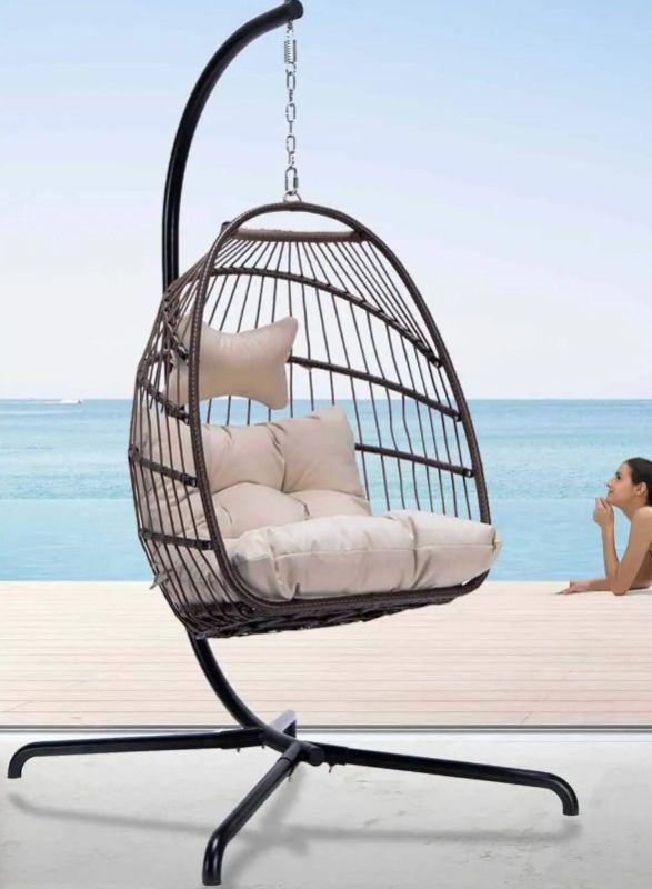 Photo 1 of **MISSING HARDWARE* ITEM IS DIFFERENT FROM STOCK PHOTO* Indoor Outdoor Patio Wicker Hanging Chair Swing Hammock Egg Chairs UV Resistant Cushions 350lbs Capaticy for Patio Bedroom Balcony BROWN
