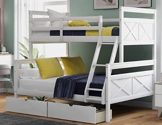 Photo 1 of (NOT FUNCTIONAL; INCOMPLETE; BOX1OF2; REQUIRES BOX2 FOR COMPLETION) Twin Over Full Bunk Bed with 2 Storage Drawers, Solid Wood Bunk Bed Frame for Kids, Teens, Adults (White)
