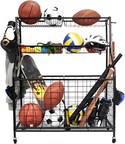 Photo 1 of **INCOMPLETE**
 Kinghouse Garage Sports Equipment Organizer, Ball Storage Rack, Garage Ball Storage, Sports Gear Storage, Garage Organizer with Baskets and Hooks, Rolling Sports Ball Storage Cart, Black, Steel
