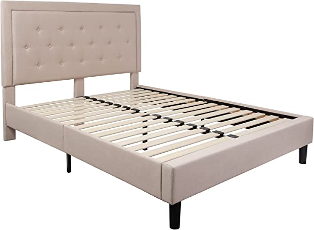 Photo 1 of **INCOMPLETE, MISSING BOXC 1 0F 2** Flash Furniture Roxbury Queen Size Tufted Upholstered Platform Bed in Beige Fabric
