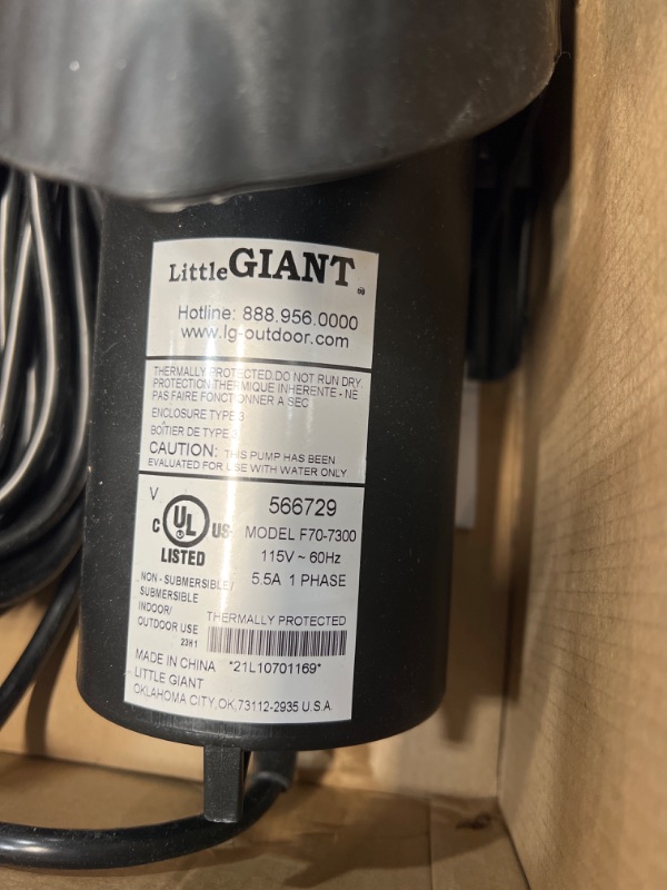 Photo 3 of Little Giant 566726 4060 GPH Wet Rotor Pump with 20-Ft. Cord for ponds up to 4000 Gallons, Black, F30-4000**PUMP DOES NOT WORK**
