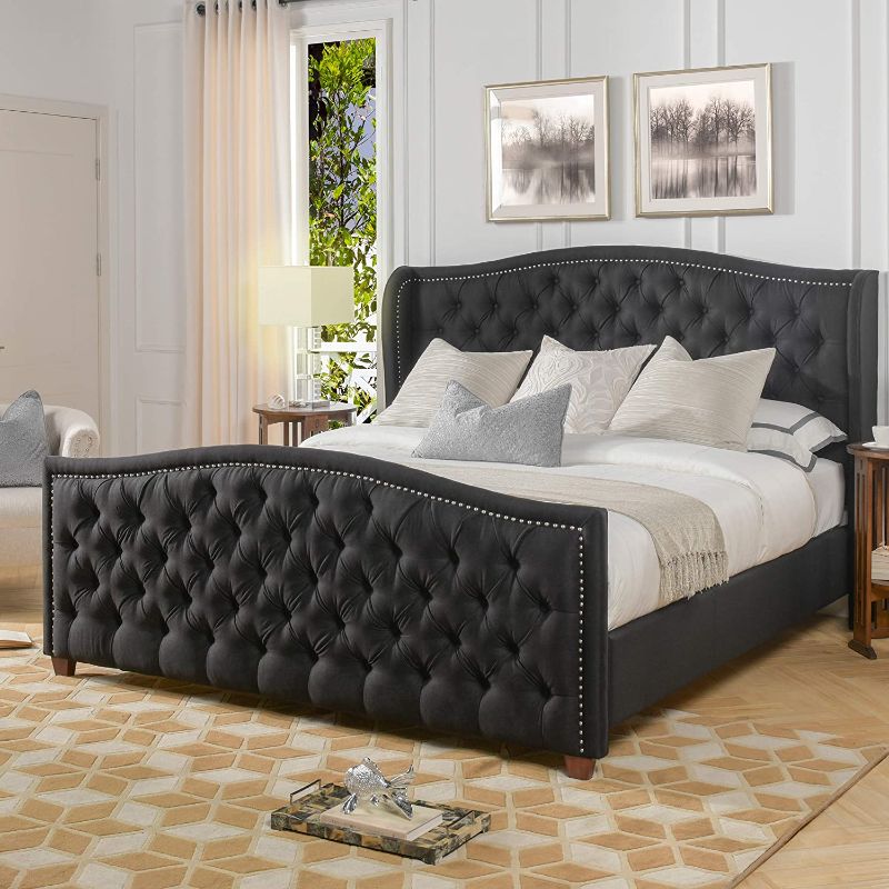 Photo 1 of (BROKEN CORNERMISSING HARDWARE) Jennifer Taylor Home Marcella Tufted Wingback Bed, King, Jet Black
